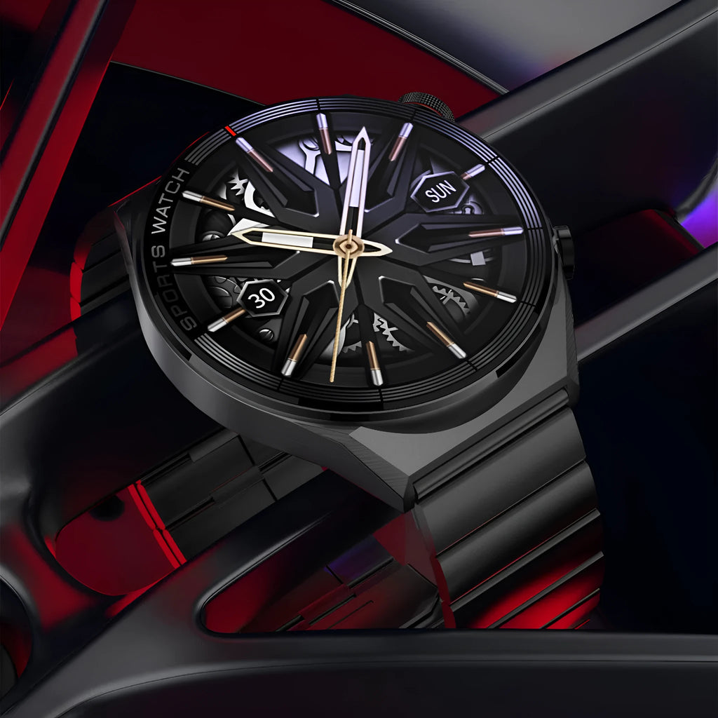 Large screen Bluetooth smart watch with call functionality showing black case and silicone strap