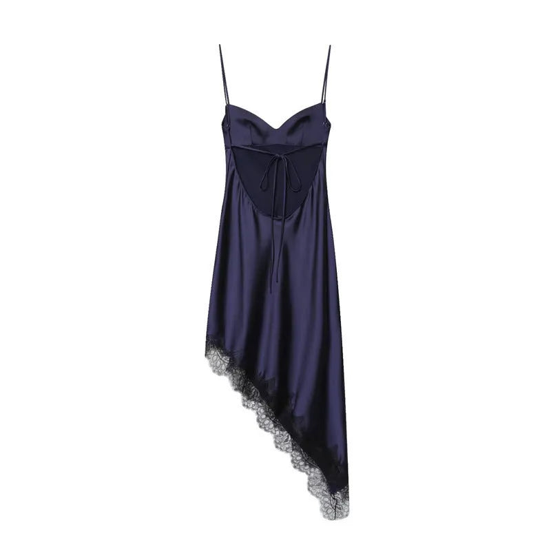 Women's navy blue casual dress with asymmetric skirt, mid waist, and stripe or plaid pattern options, sizes XS to L