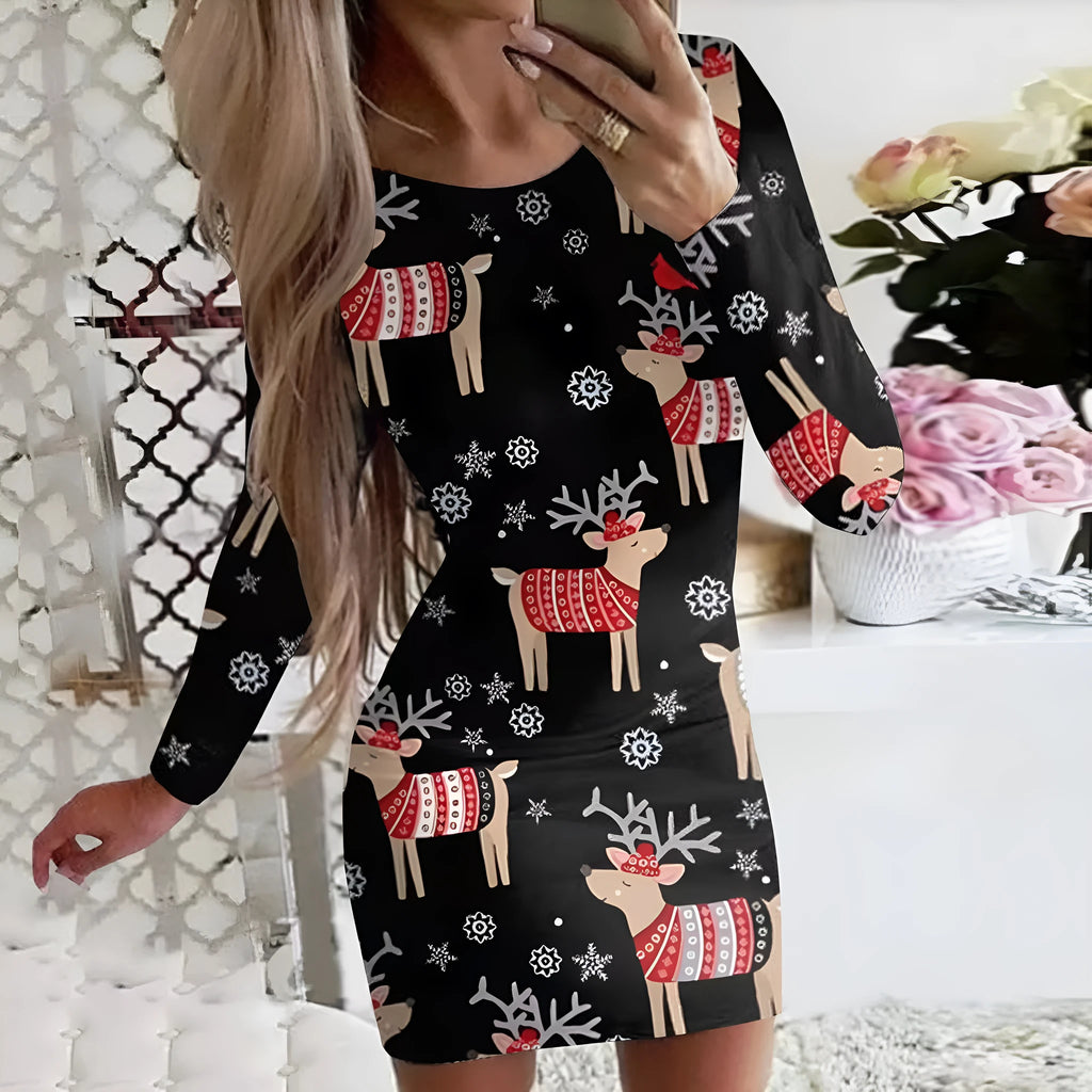 Red Christmas animal print dress with long sleeves and round neck, showing tight-fitting hip skirt design