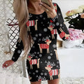Red Christmas animal print dress with long sleeves and round neck, showing tight-fitting hip skirt design