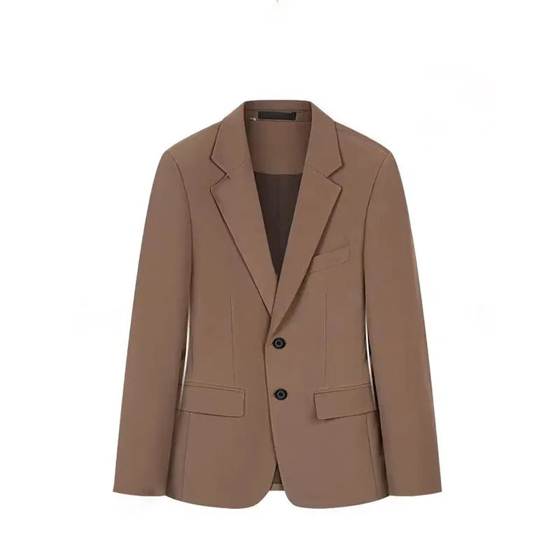 Korean slim business suit set with long-sleeve coat and trousers in black, slim fit polyester