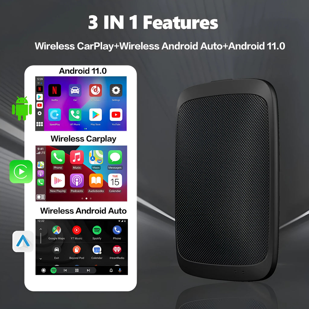 Black CarPlay Box unit for upgrading car system to Android 11 with 9-inch touch screen