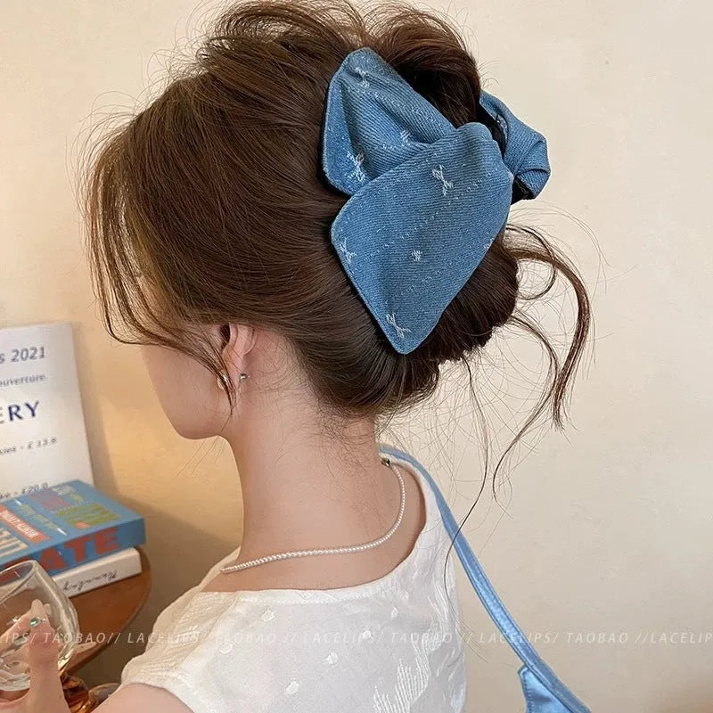 Handmade plastic hairpin with love denim bow triangle grip hair clip for women