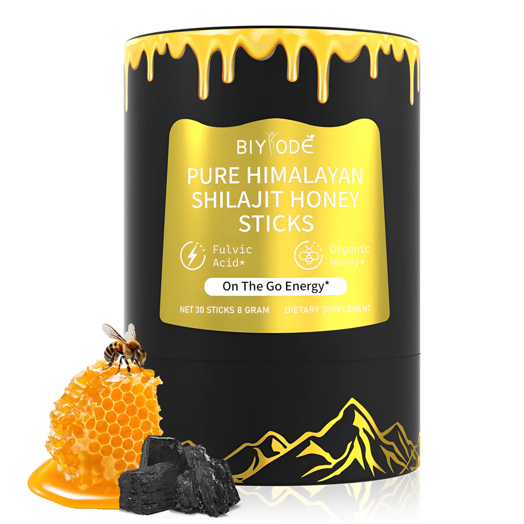 Bottle of 30 shilajit honey sticks with shilajit extract, honey, and saffron for energy and immune support
