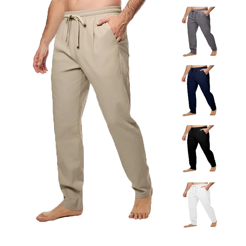 Men's cotton and linen blend loose drawstring straight leg summer trousers in khaki