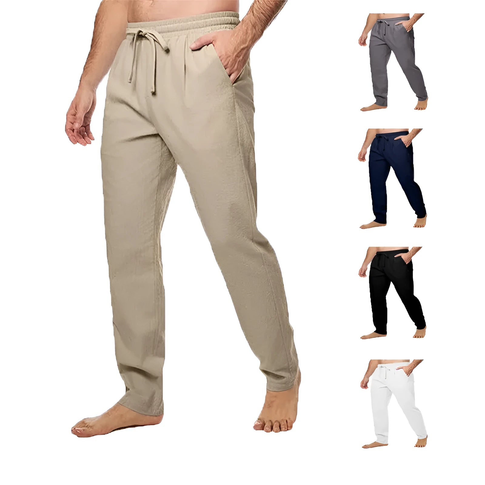 Men's cotton and linen blend loose drawstring straight leg summer trousers in khaki