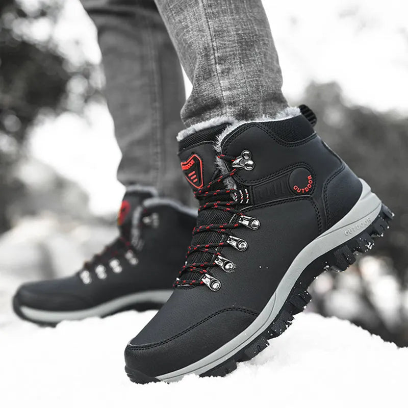 Men's winter snow boots with plush lining, lace-up front, synthetic leather upper, and TPR outsole in grey colour