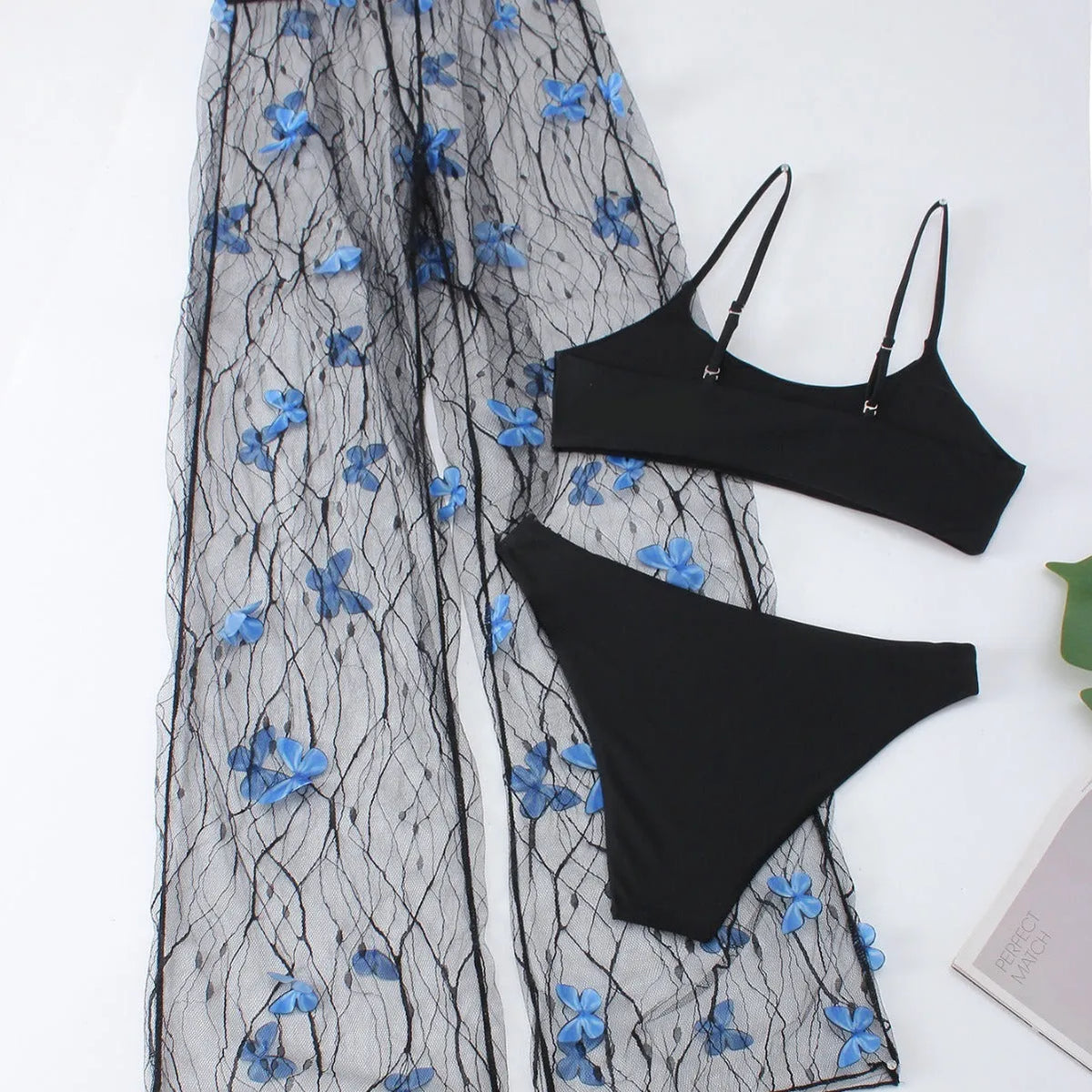 Women's black butterfly bikini three-piece set with top, briefs and skirt, polyester fabric, sizes S-XXL