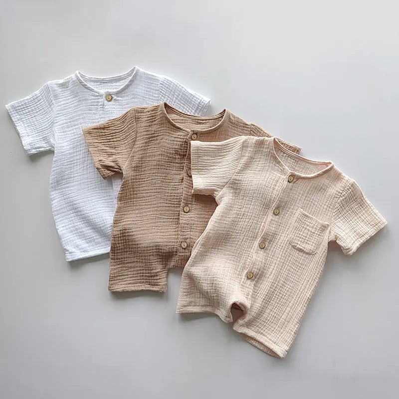Cotton short-sleeved infant romper in peacock green, casual style for boys and girls, size 73