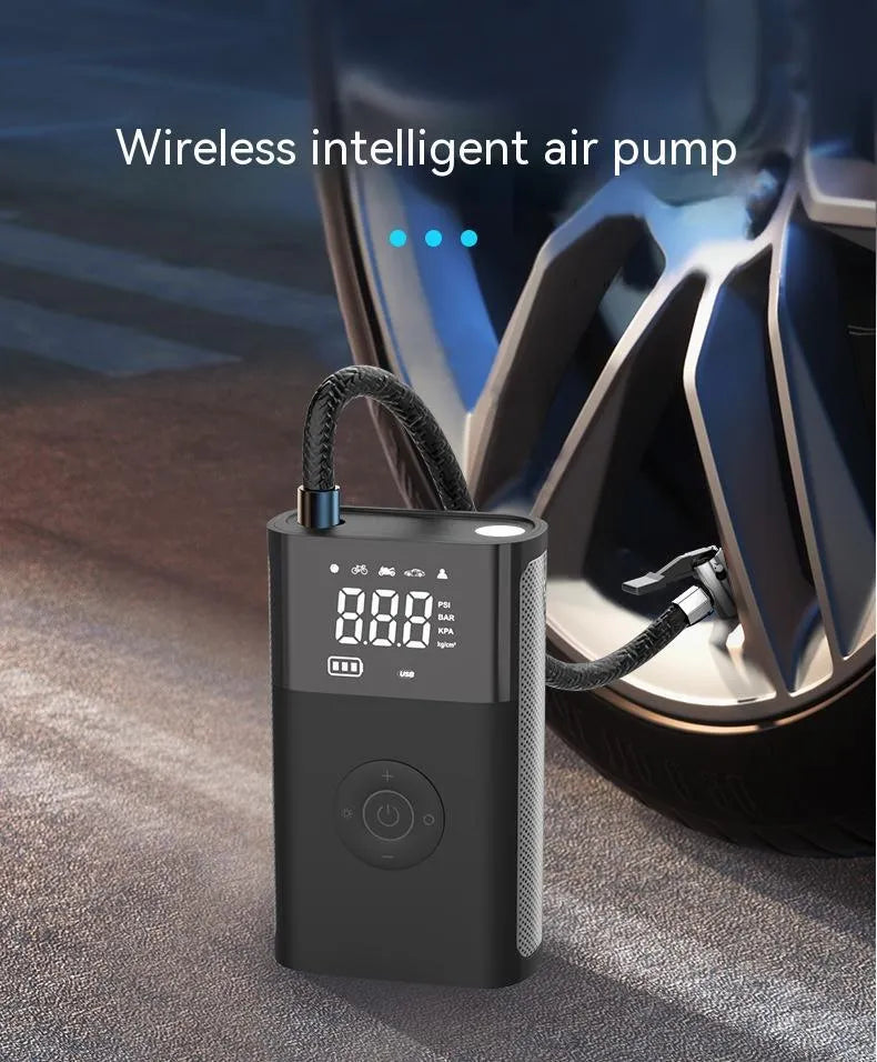 Wireless digital display handheld air pump with LED light, digital screen, and assorted inflation nozzles.