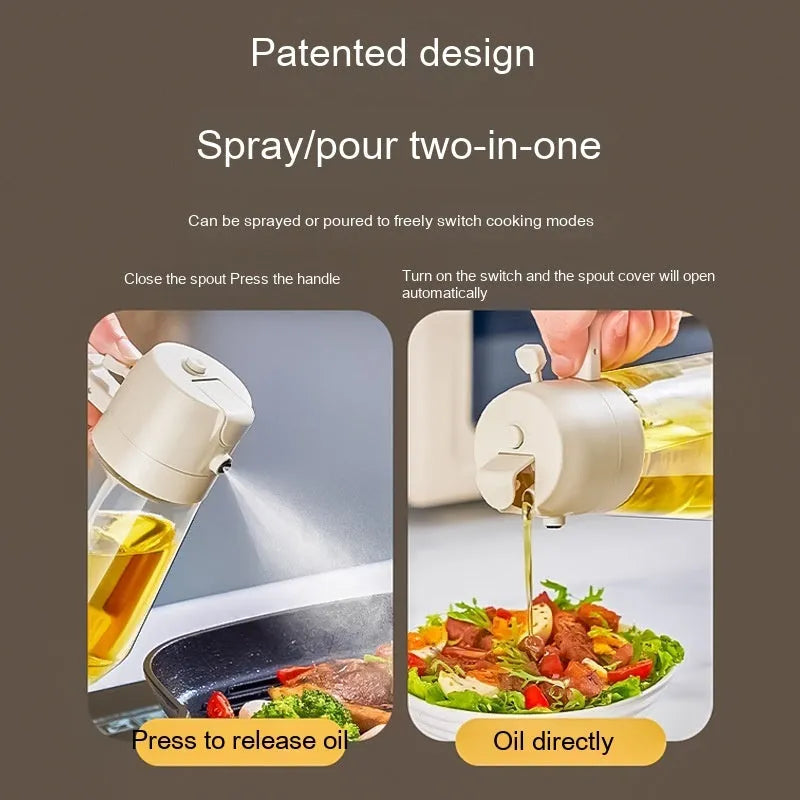 Glass olive oil sprayer and pour bottle with ergonomic handle in beige, yellow, green, or black, 470ml capacity.