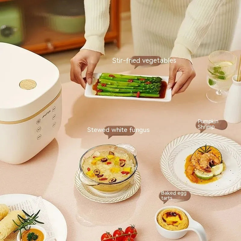 White or beige intelligent rice cooker with 3L capacity and digital control panel