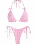 Women's solid colour backless bikini set in light blue and pink, high elasticity fabric, sizes M L XL