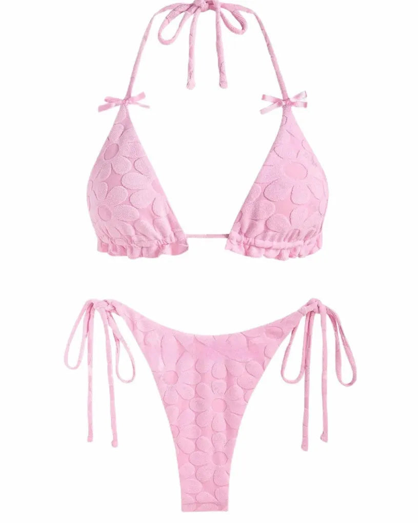 Women's solid colour backless bikini set in light blue and pink, high elasticity fabric, sizes M L XL