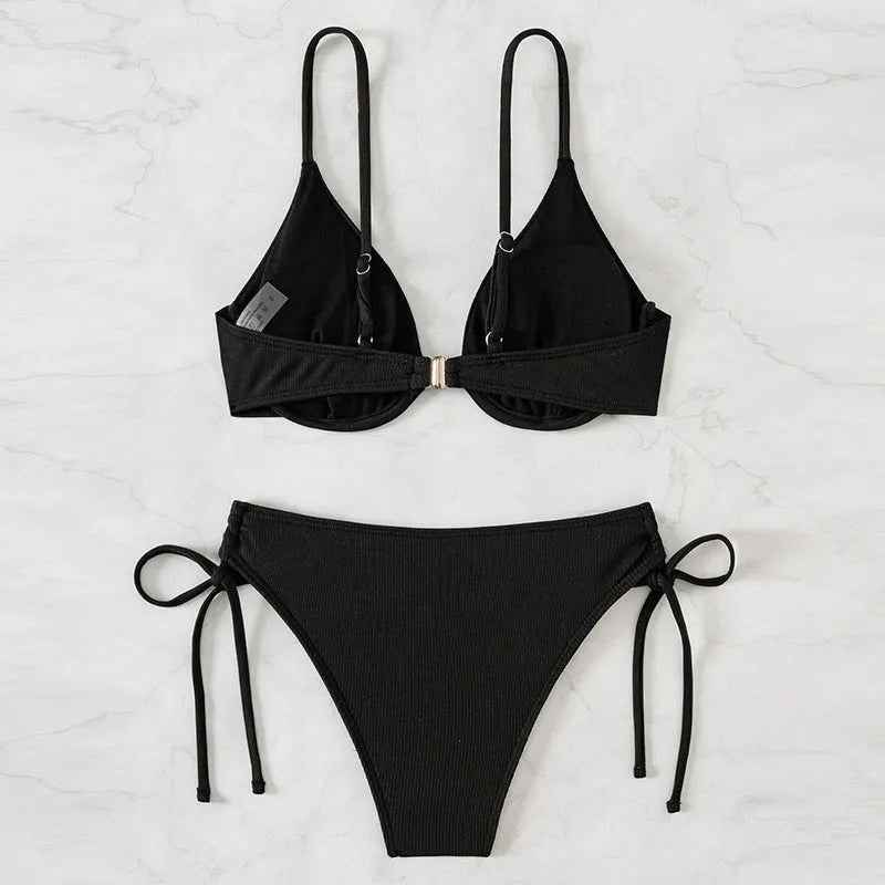 Two-piece underwire gather backless solid colour bikini for women