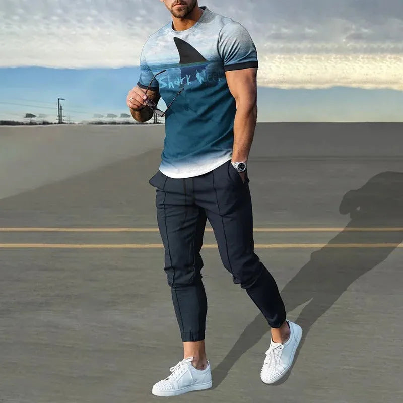 Man wearing a short-sleeved printed polyester tracksuit set for sports.