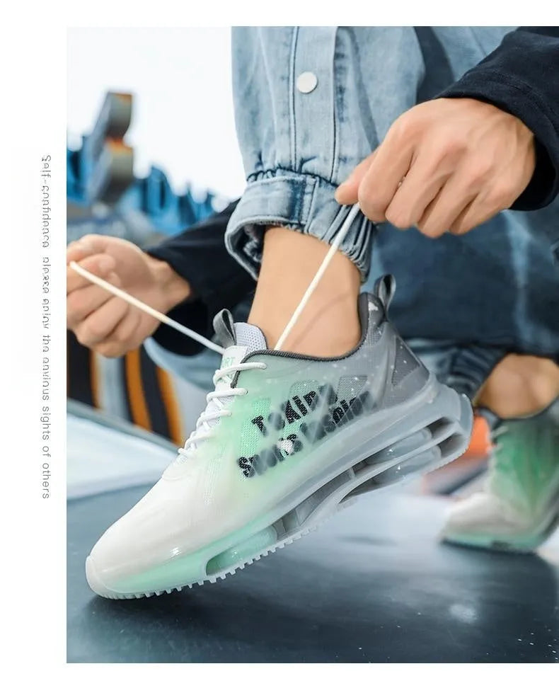 Men's black and green platform mid-heel mesh trainers with a lace-up front and rubber sole