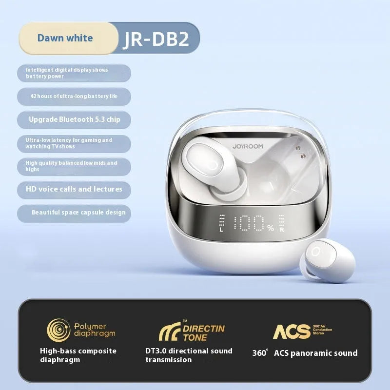Beige wireless in-ear Bluetooth headphones with charging case on a table, showing USB Type-C port.