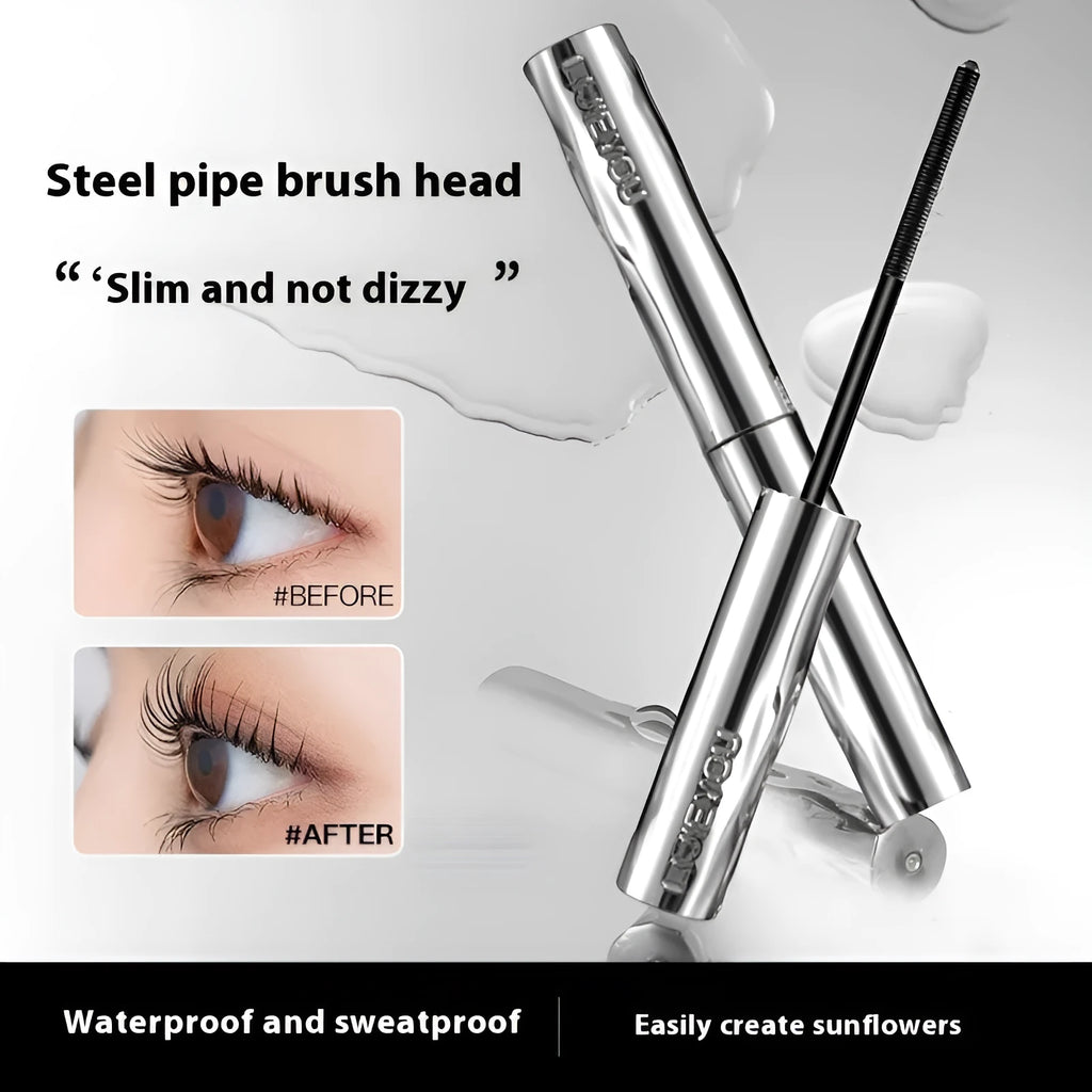 Steel tube waterproof mascara with applicator and optional eyelash curler in black or brown