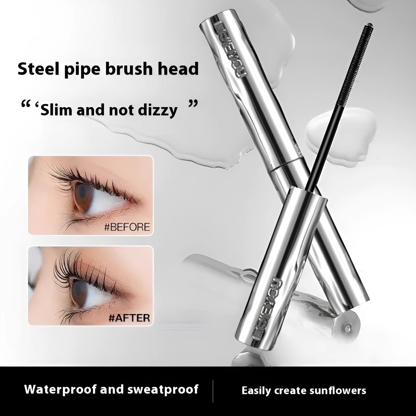 Steel tube waterproof mascara with applicator and optional eyelash curler in black or brown
