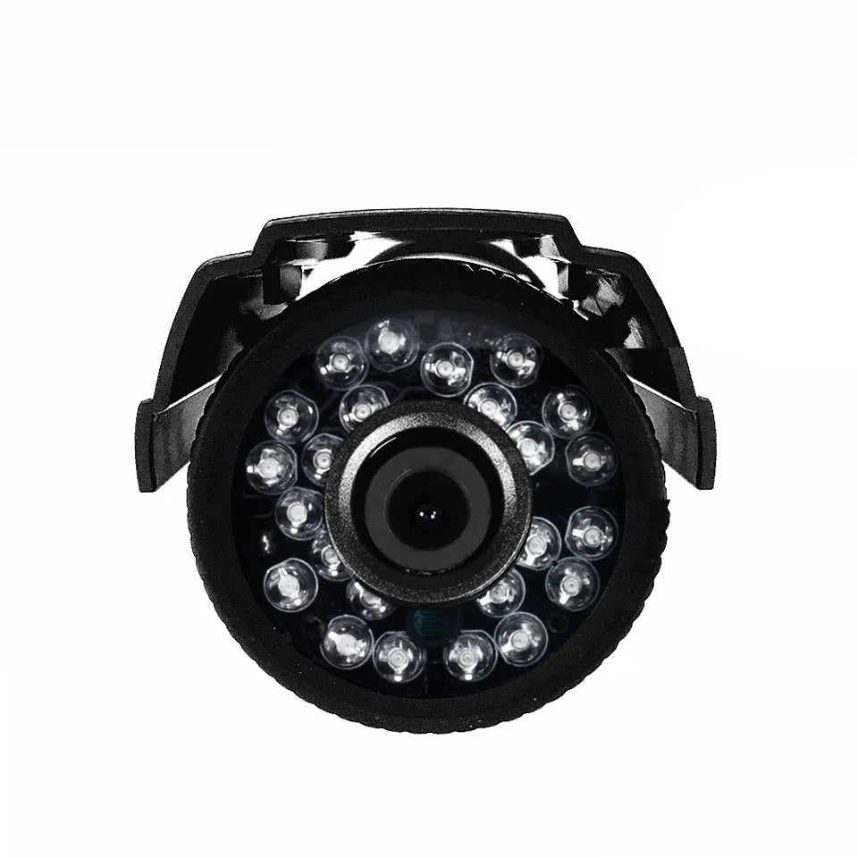 Black AHD HD waterproof surveillance camera with fixed lens and infrared LEDs for night vision.