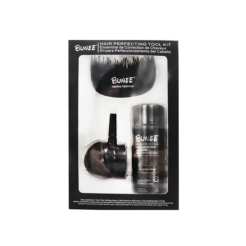 Boxed dense hair fibre powder three-piece set for thinning hair coverage with applicator brush