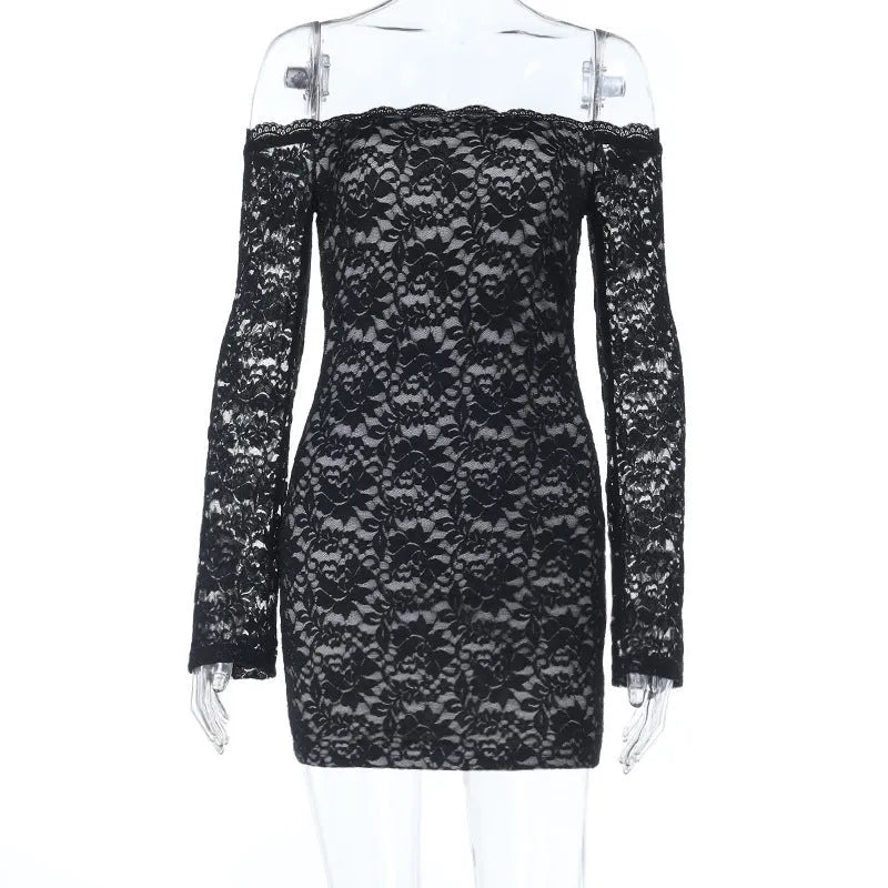 One-shoulder lace long-sleeved dress in solid black with high waist and pencil skirt silhouette
