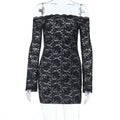 One-shoulder lace long-sleeved dress in solid black with high waist and pencil skirt silhouette