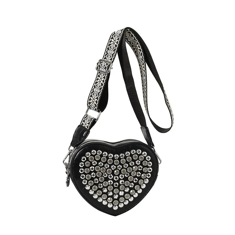 Heart shaped PU crossbody phone bag with western style shoulder strap in black