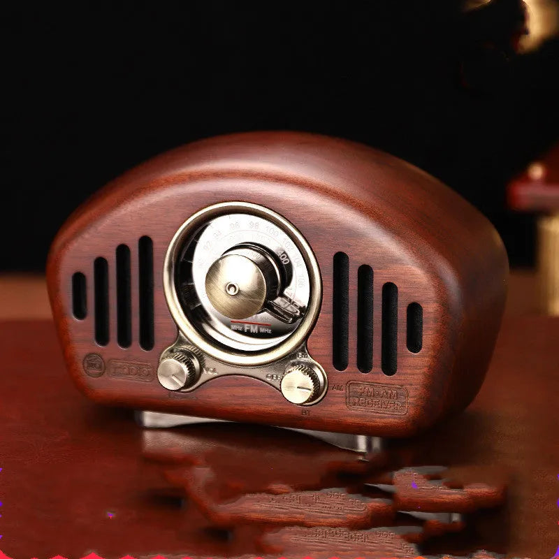FMAM portable Bluetooth speaker in walnut finish with USB interface and control buttons