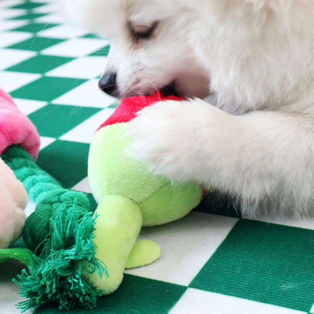 Plush rose flower dog chew toy with squeaker for small medium dogs