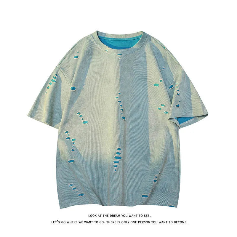 Men's blue ripped short sleeve cotton blend T-shirt with loose fit casual style