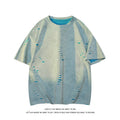 Men's blue ripped short sleeve cotton blend T-shirt with loose fit casual style