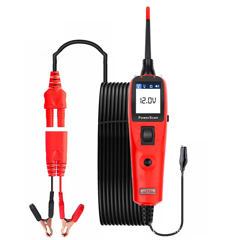 Autel PowerScan PS100 circuit tester with 20-foot cable and built-in flashlight on a car battery