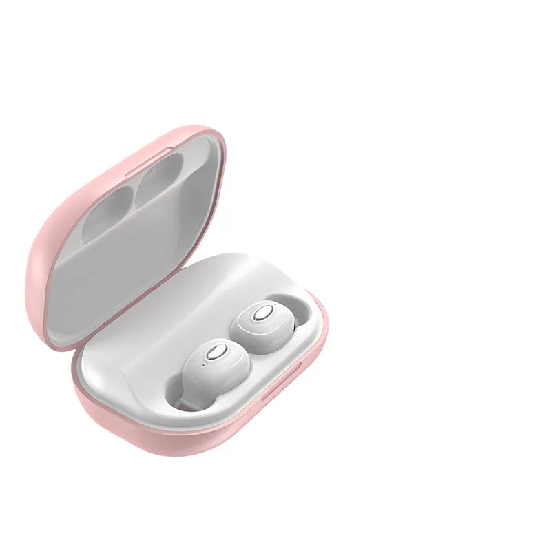 Wireless Bluetooth headset with charging case in blue and pink on white background