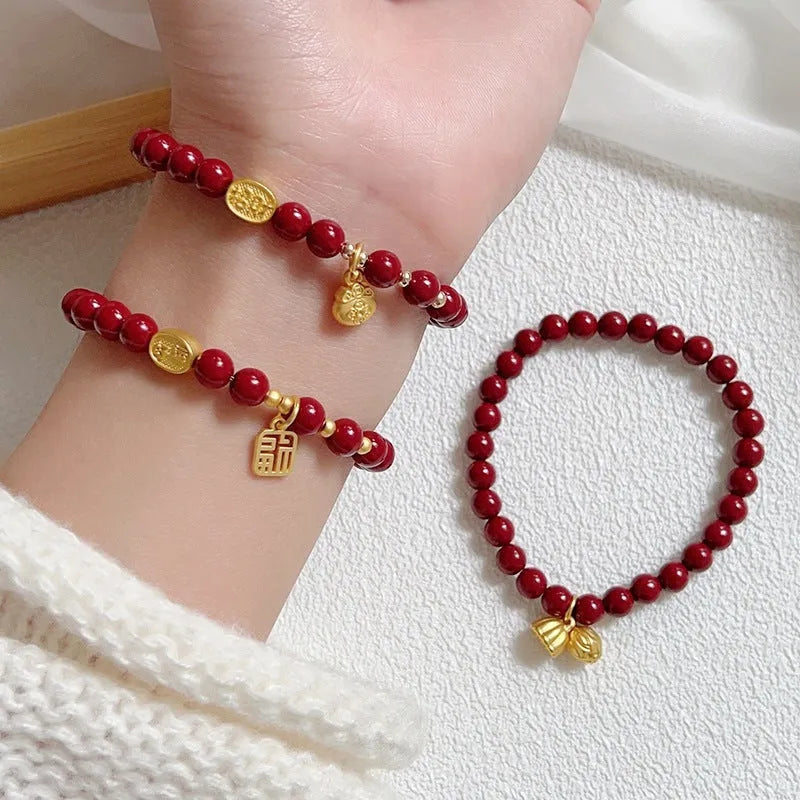 Birth year red beaded cinnabar bracelet with peace buckle gourd pendant in Chinese style for women