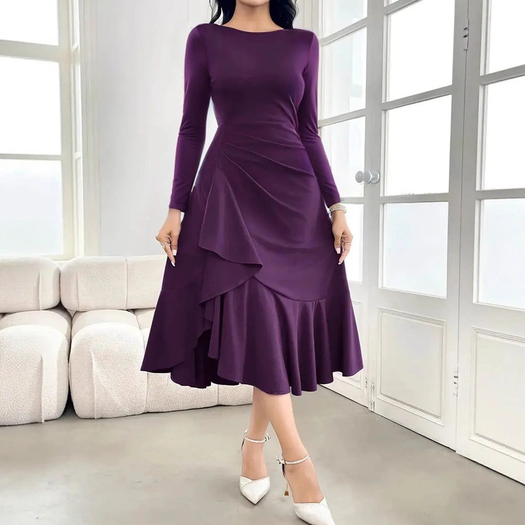 Purple women's long sleeve round neck dress with mid waist and ruffle detail.
