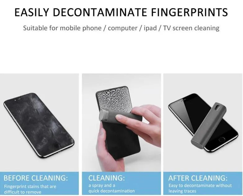2-in-1 screen cleaner kit with spray bottle and microfiber cloth for mobile phone and computer screens in pink and gray