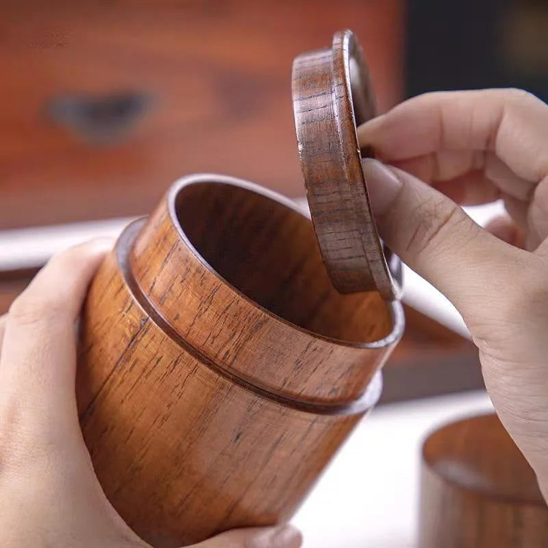 Wood texture tea canister with offset printing, 7.5cm diameter and 12cm height, brown finish