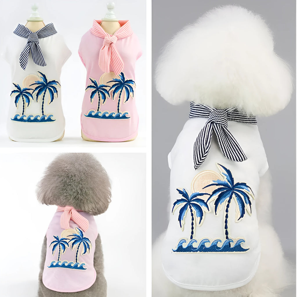 Cotton pet clothing with coconut tree embroidery in pink, casual dog coat for small to large breeds