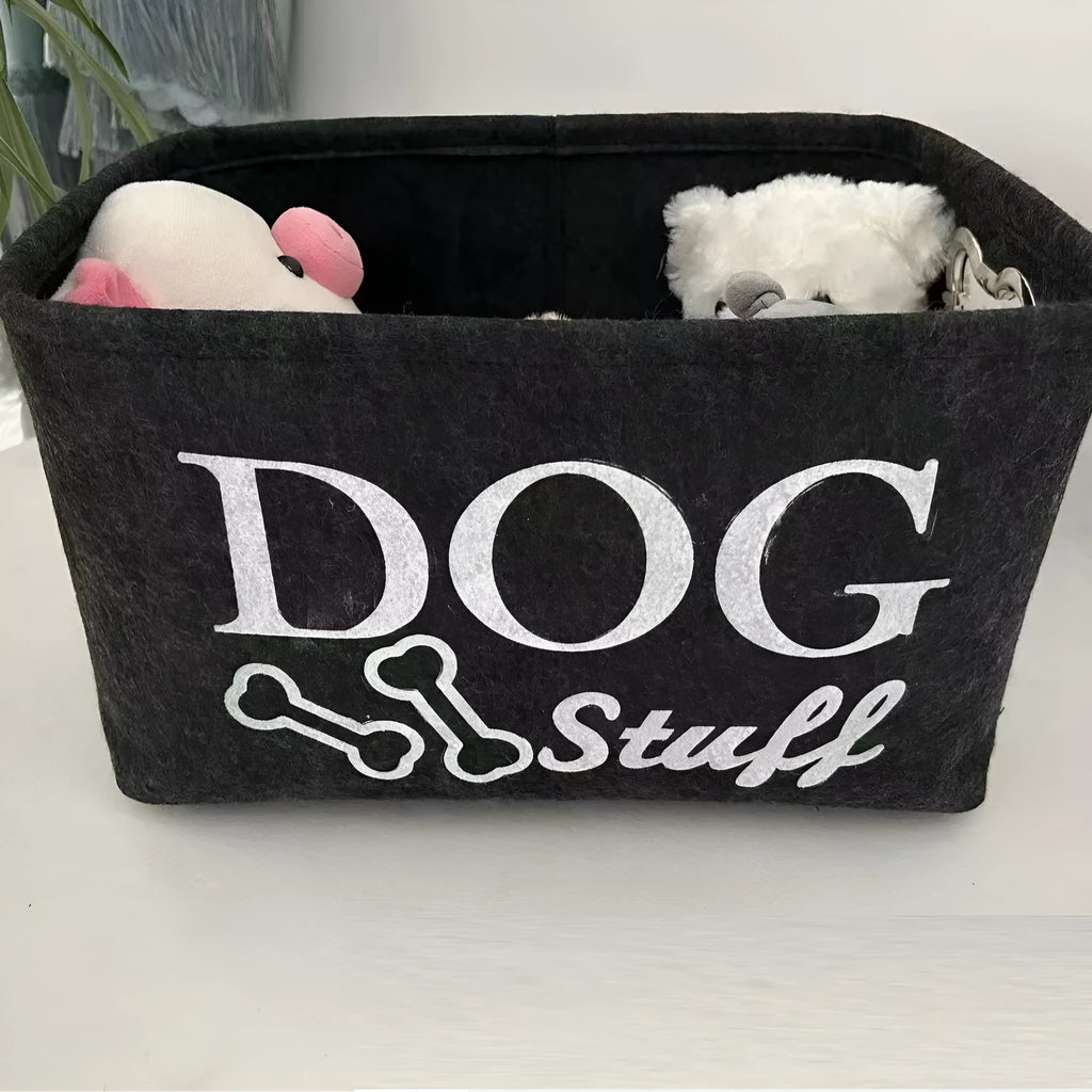Dark grey felt storage box with metal handle for pet toys snacks sundries measuring 38x27x25 cm