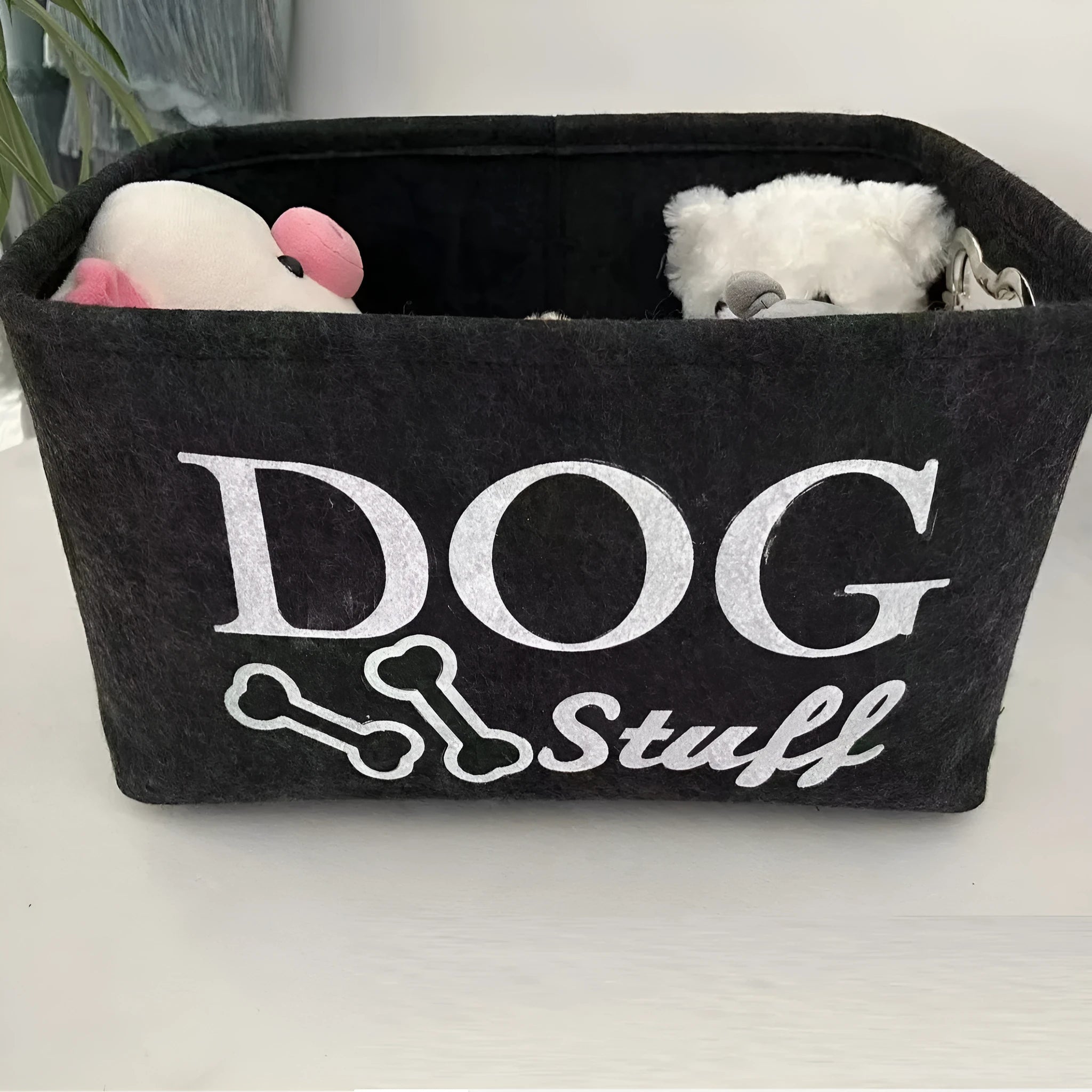 Dark grey felt storage box with metal handle for pet toys snacks sundries measuring 38x27x25 cm