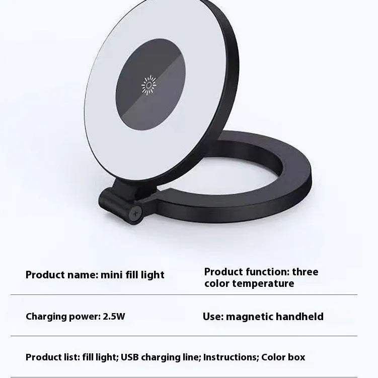 Mini LED fill light, 70x60mm, black or white, with magnetic mount and three-gear brightness control