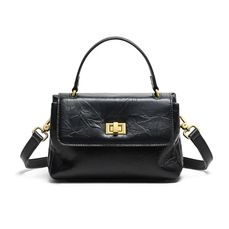Women's crossbody bag in first layer cowhide leather, horizontal square shape, Black or Caramel Mocha