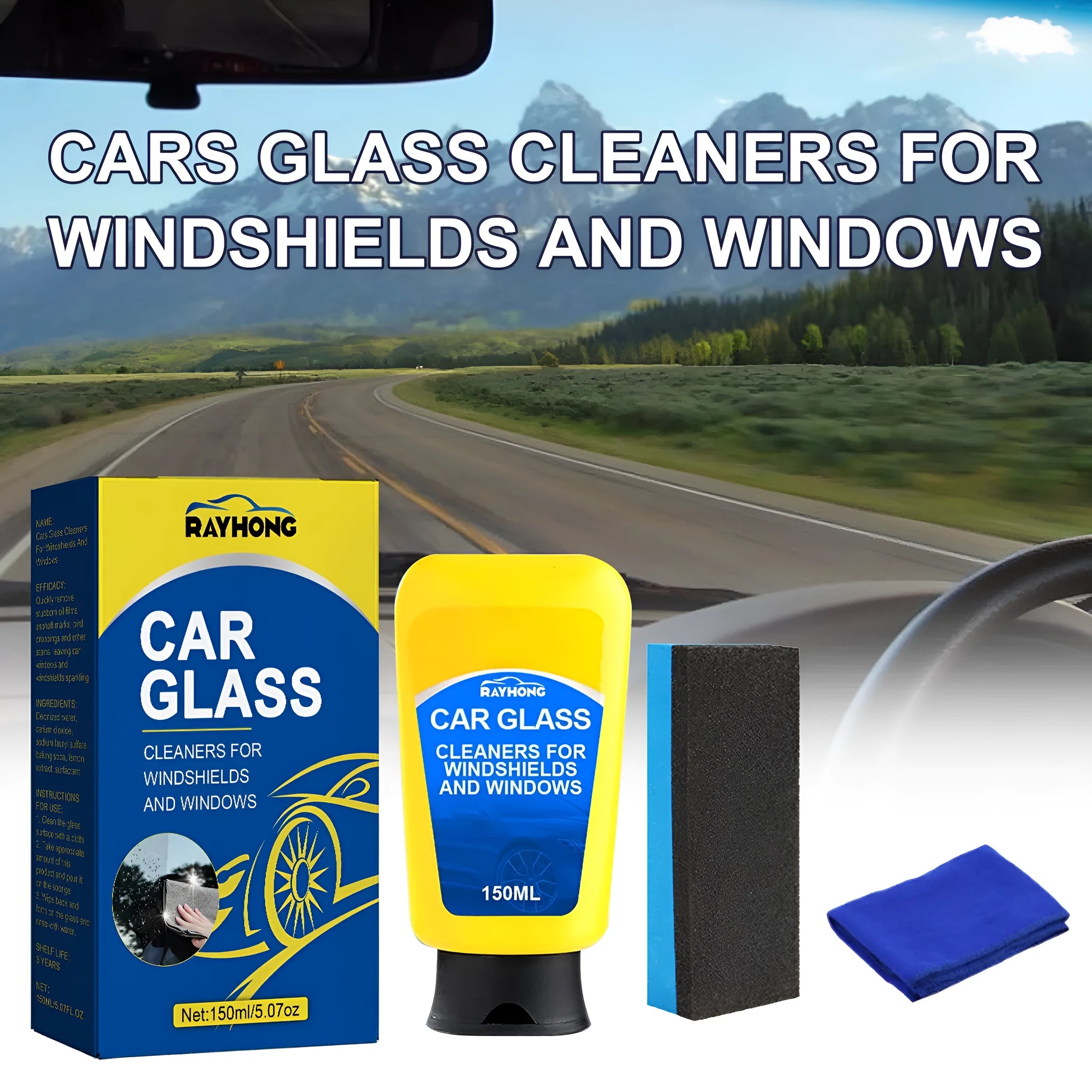 Automotive windshield detergent defogging kit with 150ml bottle, sponge, and cleaning cloth