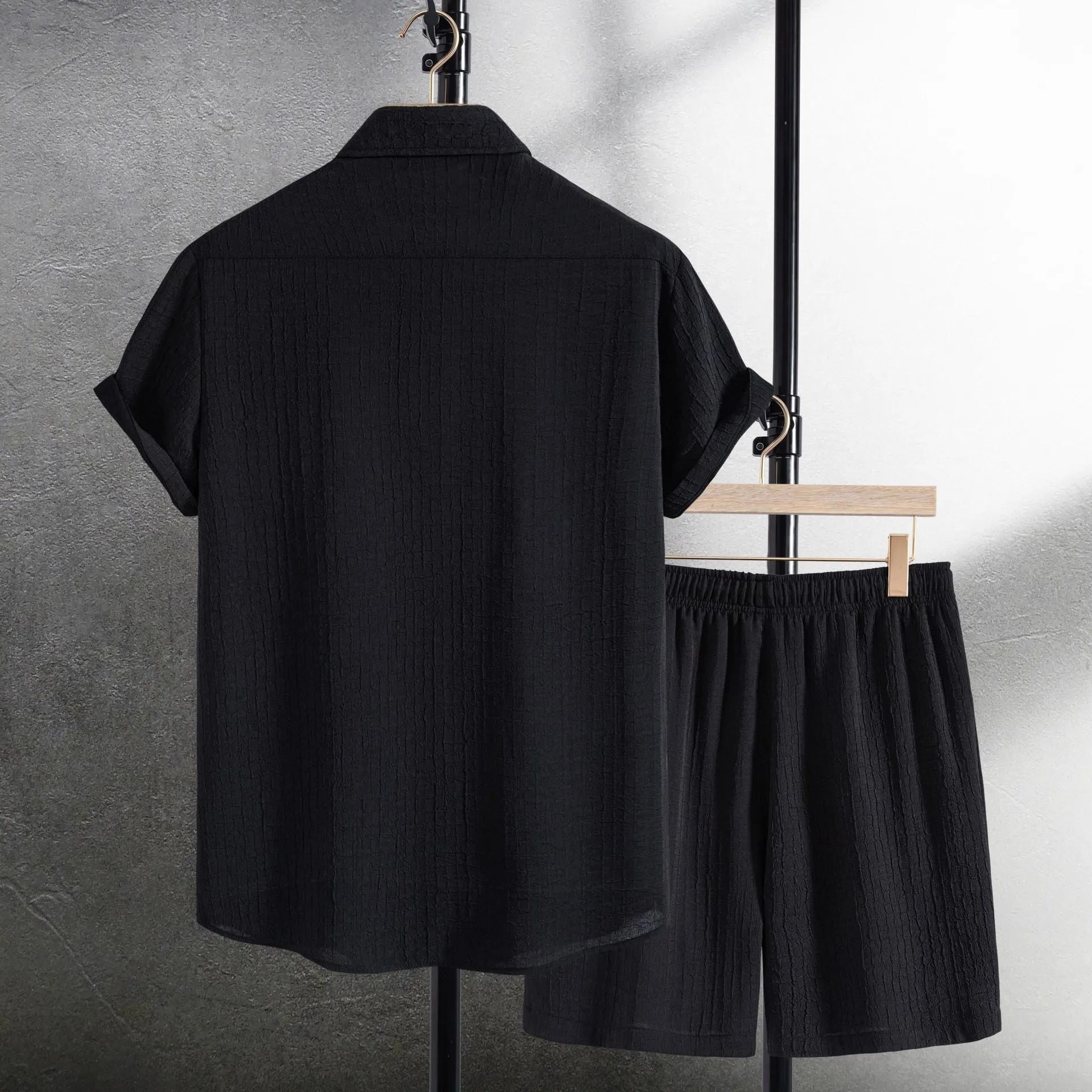 Men's white jacquard short sleeve shirt and shorts casual suit set laid flat