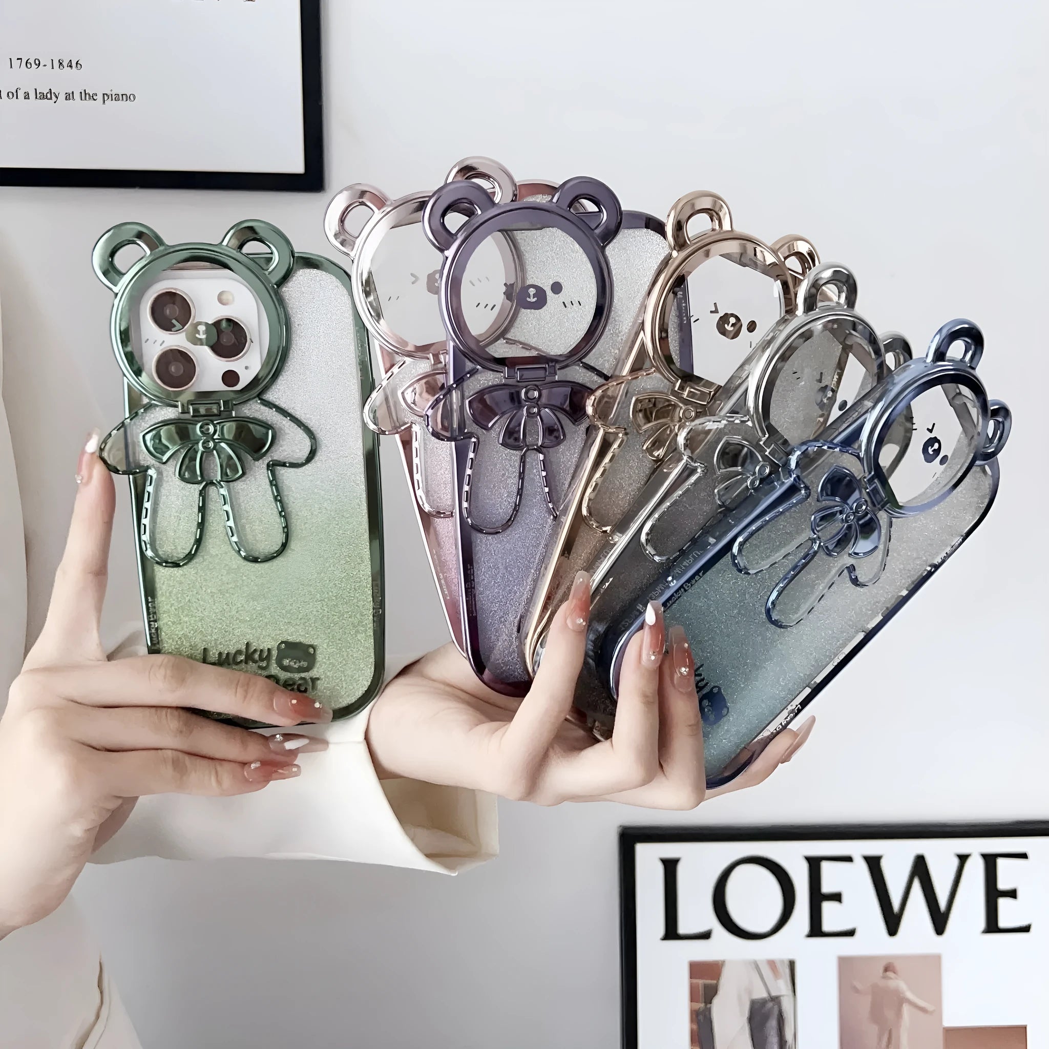 Electroplating glitter TPU phone case with embossed lucky bear bracket, black, compatible with iPhone 14 Pro Max