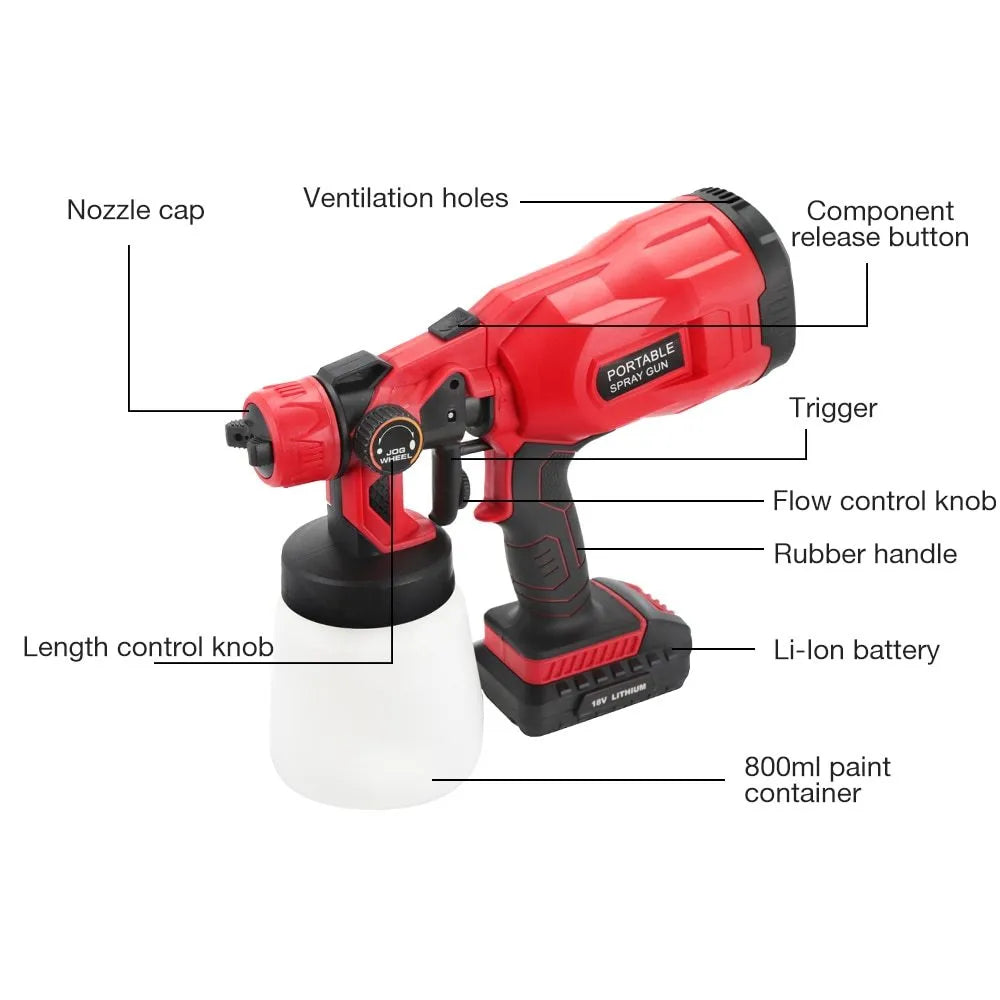 Blue cordless paint spray gun with 800ml watering can and lithium battery pack