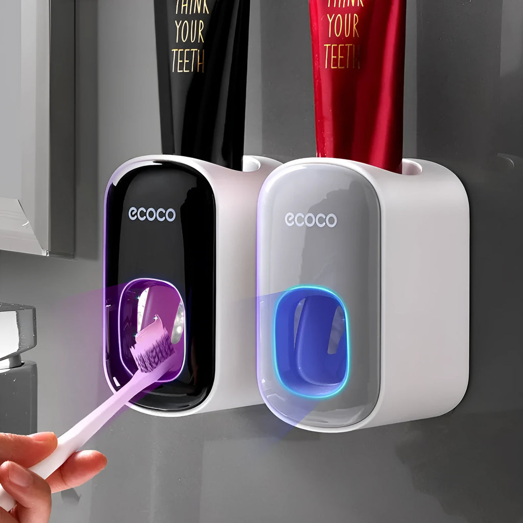 Wall mounted automatic toothpaste dispenser with toothbrush holder and mouthwash cup in black plastic