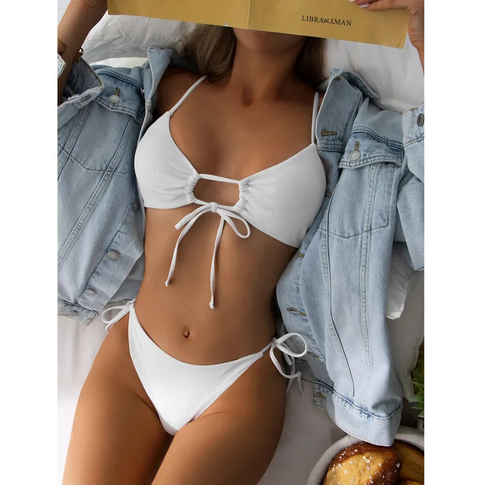 Women's solid colour drawstring bikini set in army green, showing bra and backless briefs.